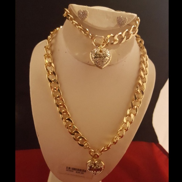 ELEGANT ROSE/GOLD 3PC CRYSTAL LOVE PUFF HEART NECKLACE BRACELET &EARRING 18Kg.p. - Picture 15 of 16